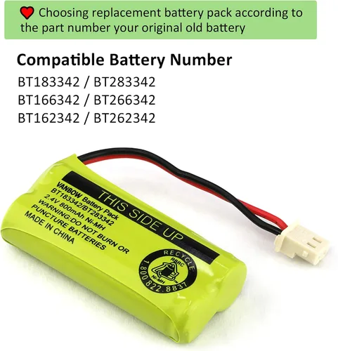 Miniatura 5 de BT183342/BT283342 2.4V 800mAh Ni-MH, compatible con baterías de teléfono inalámbrico AT&T VTech BT166342/BT266342 BT162342/BT262342 CS6709 CS6609