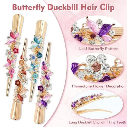Miniatura 4 de Dizila Paquete de 4 pinzas de metal grandes y largas con diamantes de imitación brillantes, flores, mariposa, pico de pato, pasadores, accesorios
