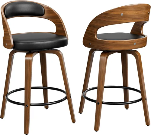 Miniatura 42 de YaFiti Taburetes de bar, taburetes de bar de 26 pulgadas de altura de mostrador con patas de madera curvada, taburetes giratorios con respaldo