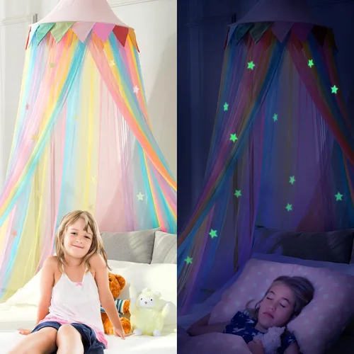 Miniatura 2 de LOAOL Toldo de cama para niños – Cortinas de cama con toldo de sueño de hadas con red colgante de color arcoíris, cúpula redonda rosa con bandera