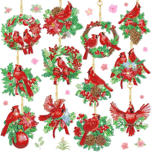 Thinkday 12 piezas de adornos de arte de diamantes cardenales de Navidad en julio, pájaros rojos de Navidad, pintura de diamante, llaveros de