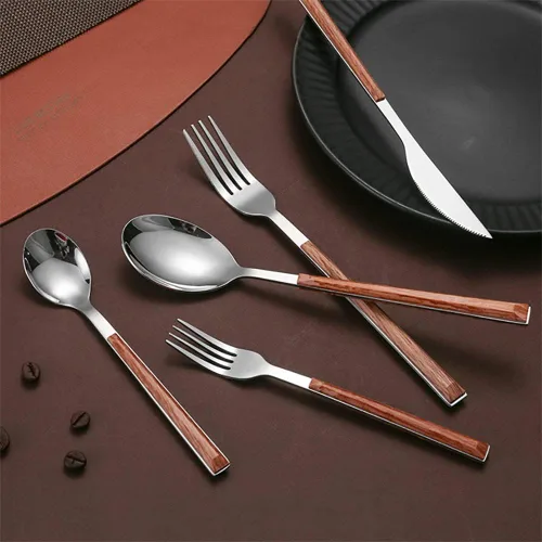 Miniatura 6 de Juego de cubiertos de madera de 30 piezas para 6 cubiertos de acero inoxidable duraderos, juego de cubiertos de madera modernos para el hogar