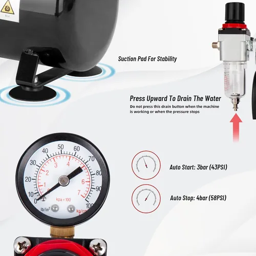 Miniatura 4 de Timbertech Compresor de aerógrafo, mini compresor AS186 sin aceite de un solo pistón de alto rendimiento con tanque de 3L, regulador, trampa