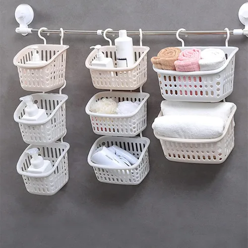 Miniatura 6 de 3 piezas de cestas colgantes de plástico para ducha, organizador de cestas colgantes con ganchos, cesta de almacenamiento colgante pequeña