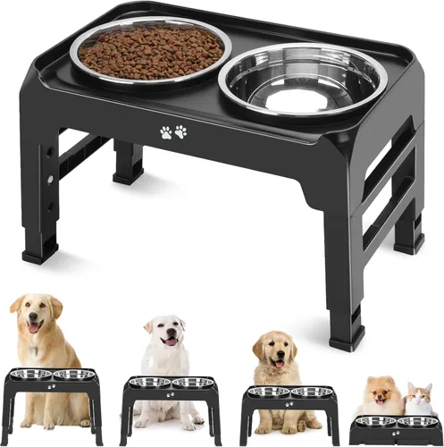 COMESOON - Tazones elevados para perros, soporte elevado de 4 alturas ajustables con 2 tazones gruesos de acero inoxidable de 50 onzas, Negro