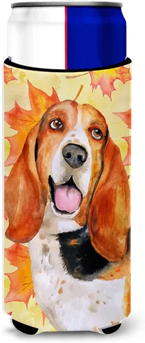 Caroline's Treasures BB9965MUK Basset Hound Fall Ultra Hugger para latas delgadas, funda amarilla para enfriar latas, abrazador lavable a máquina,