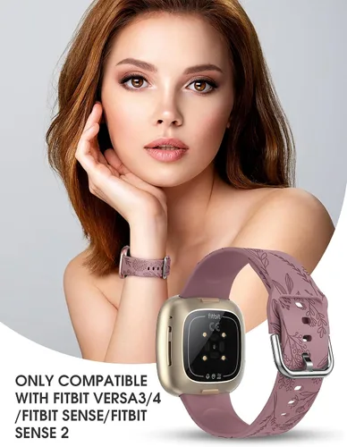 Miniatura 6 de Minyee Paquete de 2 correas grabadas florales compatibles con Fitbit Versa 4/Versa 3/Sense 2/Sense Band para mujer, lindo diseño de girasol