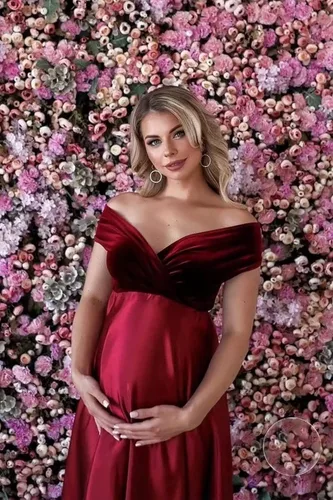 Miniatura 3 de Molisa Vestido de maternidad de satén para sesión de fotos con hombros descubiertos de terciopelo para baby shower, vestido de embarazo nupcial