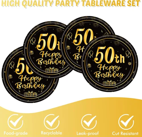 Miniatura 3 de 40 piezas Decoraciones de 50 cumpleaños Juego de mantelería para fiesta de 50 cumpleaños Incluye platos y servilletas de 50 cumpleaños en negro