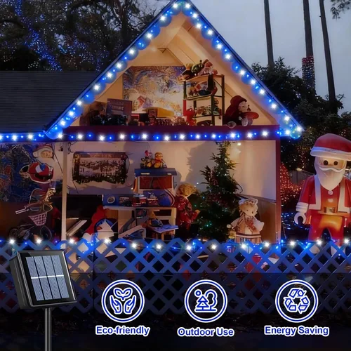 Miniatura 7 de QITONG Paquete de 2 luces solares azules y blancas de Navidad, cada cadena de 200 luces LED solares de 66 pies para exteriores, impermeable, 8 modos