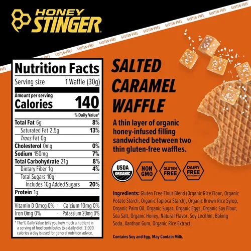 Miniatura 2 de Honey Stinger Waffle orgánico sin gluten con caramelo salado, energía Stroopwafel para ejercicio, resistencia y rendimiento, nutrición deportiva