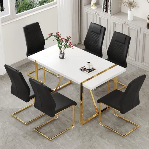 Miniatura 13 de Juego de mesa de comedor moderna de 55 pulgadas para 4, mesa de comedor negra y marco de metal dorado, mesa de comedor rectangular con 4 sillas