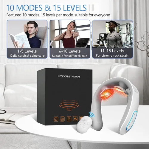 Miniatura 6 de Masajeador eléctrico de cuello de pulso con calor para aliviar el dolor, 10 modos, 15 intensidades, terapia de tejido profundo, punto de activación
