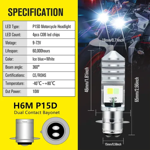 Miniatura 7 de 2 piezas 9-48V Bombillas LED para ATV, luz baja azul hielo, luz alta blanca H6M P15D para motocicleta, Yamaha, ATVS YFM350 450 400 660 700 Raptor.