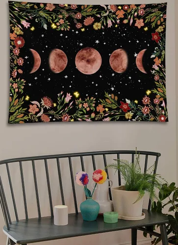 Miniatura 3 de Rexful Tapiz de jardín iluminado por la luna, fase lunar rodeada de plantas y flores, manta negra para colgar en la pared, 36 x 48 pulgadas