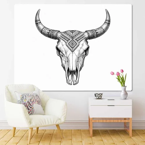 Miniatura 2 de Emvency Tapiz de toro azteca de cuerno largo, cráneo, vaca, tribal, animales occidentales, decoración del hogar, para colgar en la pared para sala