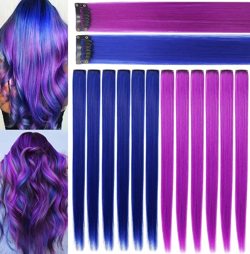 Miniatura 20 de Rhyme 12 piezas de extensiones de cabello de color azul y verde azulado con reflejos de princesa de 21 pulgadas con clip para niñas americanas