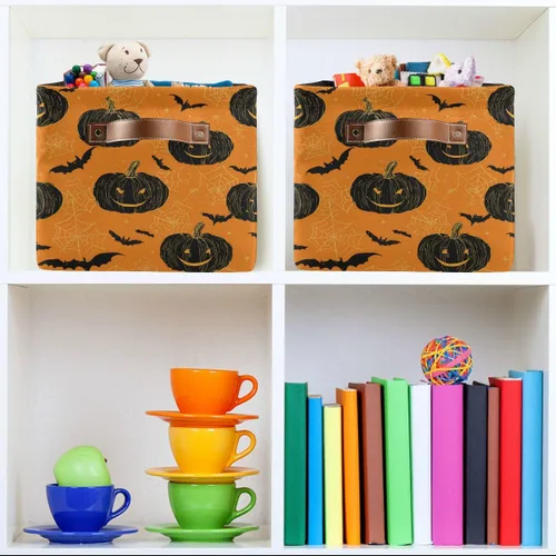 Miniatura 7 de Wusikd Cesta de almacenamiento de Halloween naranja y negra, juego de 1 canasta grande de tela de calabaza y bruja, cubo con asas, plegable, estante