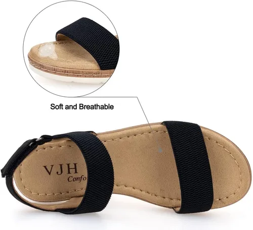 Miniatura 3 de VJH confort Sandalias planas para mujer, puntera abierta, correa elástica en el tobillo, sandalias cómodas de cuña baja