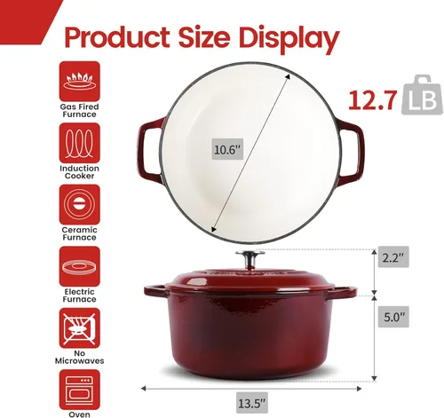 Miniatura 5 de EDGING CASTING Olla de horno holandés de hierro fundido esmaltada con tapa, horno holandés para hornear pan de masa madre redondo con asa doble, 6