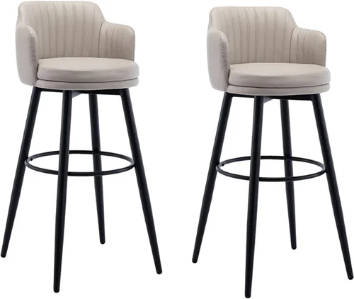Juego de 2 taburetes giratorios de bar con respaldo, altura de mostrador, sillas de isla de cocina con Brazos, asiento de cuero napa, patas de metal