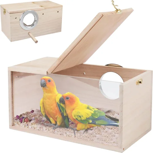 Miniatura 10 de Rypet Caja de Nido para Periquitos Diseño Transparente, Caja de Nido para Cría de Pájaros con Asiento de Madera para Periquitos, Cacatúas