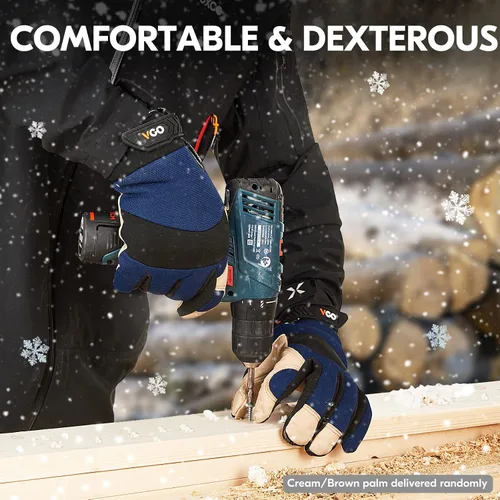 Miniatura 6 de Vgo... 1 par de guantes de trabajo de seguridad de cuero de piel de cerdo con forro para 32℉ o superior, cálidos para invierno frío, almacenamiento