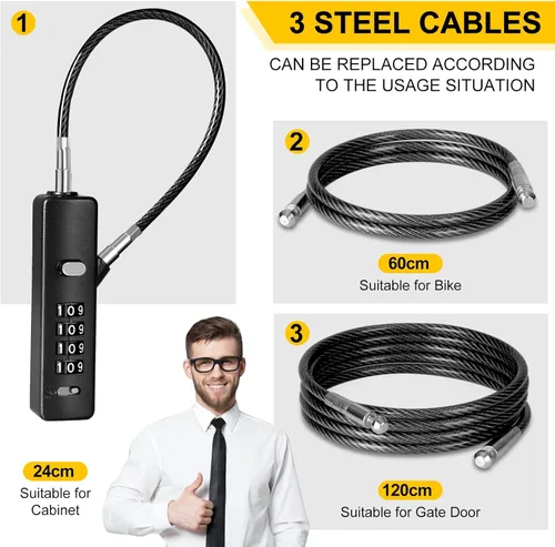 Miniatura 2 de DELSWIN Cerraduras de cable con combinación, cerradura de puerta de 4 dígitos con 3 cuerdas de acero (9 pulgadas/23.6 pulgadas/47.2 pulgadas), Negro