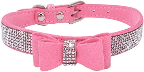Miniatura 4 de Collar de perro con diamantes de imitación y lazo ajustable para mascotas, talla XXS, XS, tamaño pequeño, mediano y grande, color rosa, talla XX S