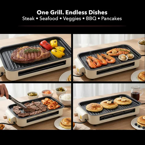 Miniatura 3 de OVENTE Parrilla eléctrica 2 en 1 para interior, parrilla coreana sin humo de 1500W con placa de cocción extraíble antiadherente, 3 sartenes