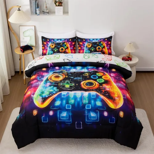 Miniatura 24 de Aimuan - Juego de ropa de cama para jugadores, conjuntos de edredón 3D con mando de juego para niños, botones de acción, controlador de juego Negro