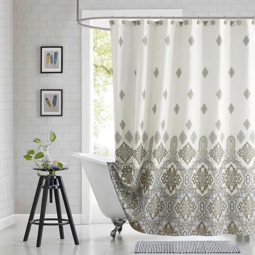 Miniatura 20 de Cortina de ducha larga de tela, cortinas de ducha de damasco bohemio con estampado de paisley en vino burdeos y oro amarillo, cortinas impermeables