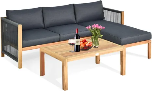 Miniatura 10 de Tangkula Juego de muebles de exterior en forma de L, juego de conversación de patio de madera de acacia de 3 piezas, con 2 sofás biplaza y mesa