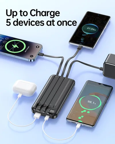 Miniatura 5 de RONEGN Cargador portátil con cable integrado, cargador de batería de carga rápida USB C, pantalla LED de 10000 mAh, 5 salidas y 3 entradas