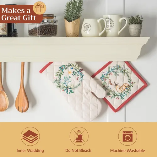 Miniatura 5 de Maison d' Hermine - Juego de guantes de cocina (7.5 x 13 pulgadas) y agarradera (8 x 8 pulgadas) Holly Time, 100 % algodón, manoplas de horno