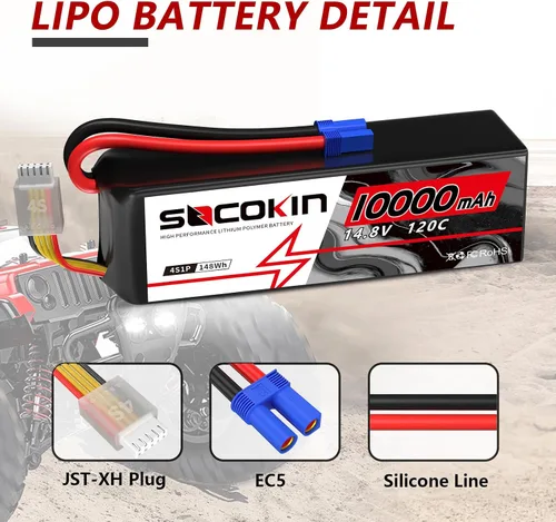 Miniatura 2 de 4S LiPo Batería 14.8V 10000mAh 120C 4S Lipo Baterías con conector EC5 Estuche suave para Arrma Axial Losi 1/5 1/6 1/7 Escala RC Coche Camión Barco