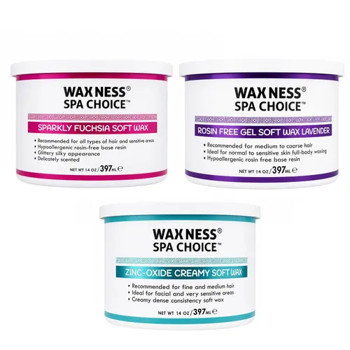 Waxness Spa Choice - Latas variadas de cera suave, 14 onzas, paquete de 3 unidades, color rosa, lavanda y óxido de zinc