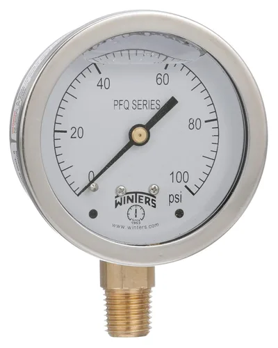 Miniatura 2 de Winters, medidor de presión de acero inoxidable 304 Serie PFQ, con escala única y relleno de líquido, con interior de metal, 0-100 psi, visualizador
