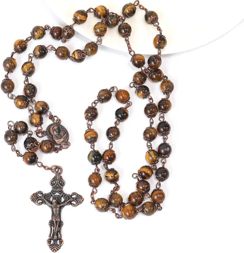 Miniatura 3 de Nazareth Store Collar de rosario con cuentas de piedra natural, 0.315 in, diseño de cobre antiguo, medalla de suelo sagrado y cruz en bolsa