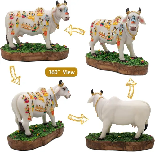 Miniatura 4 de Estatua de vaca de Dios indio que cumple con los deseos, 8.7 pulgadas de largo, figura de ídolo indio Kamadhenu, decoración para hombre indio