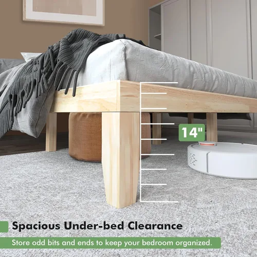 Miniatura 7 de COSTWAY Base de cama de plataforma de tamaño individual, base de colchón de madera de goma maciza de 14 pulgadas con soporte de listones