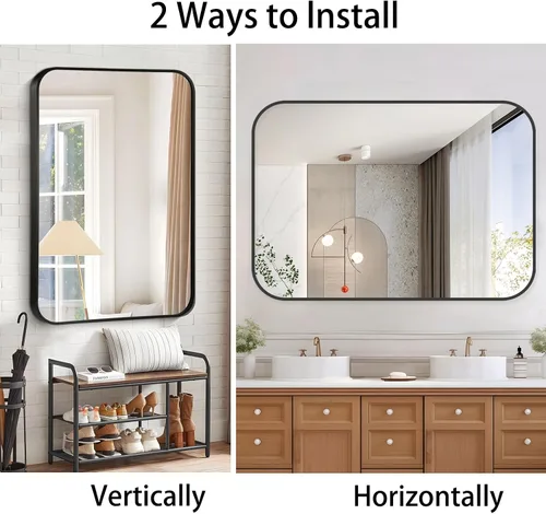 Miniatura 7 de Espejo de pared negro de 20 x 30 pulgadas para baño, espejo con marco de metal cepillado con esquina redondeada, espejo rectangular de tocador