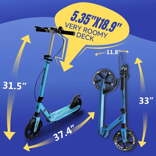 Miniatura 5 de Patinete para niños de 8+ años, adolescentes y adultos, con freno de mano delantero y freno trasero, y manillar ajustable, ruedas grandes y Azul
