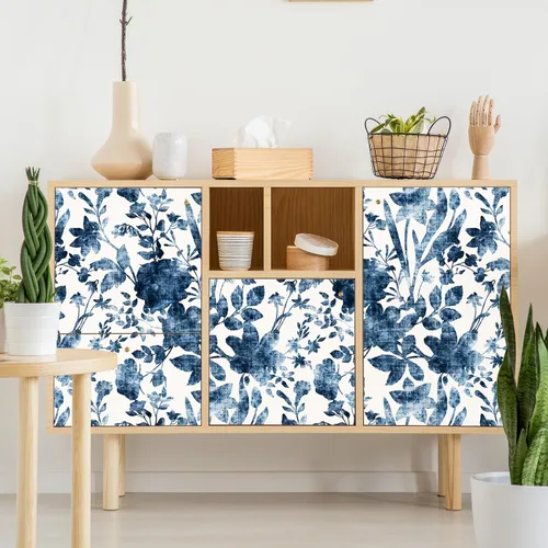 Miniatura 6 de Papel tapiz vintage azul floral para despegar y pegar, papel de contacto de hojas de ramas, impermeable, extraíble, fácil de despegar, 17.71 x 118.1