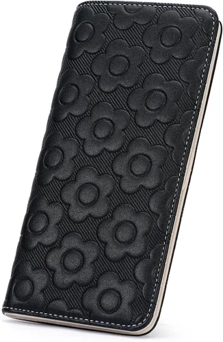 Miniatura 11 de Cartera delgada ultradelgada para mujer 3D de cuero con estampado de flores en relieve para mujer, cartera con bloqueo RFID, tarjetero plegable
