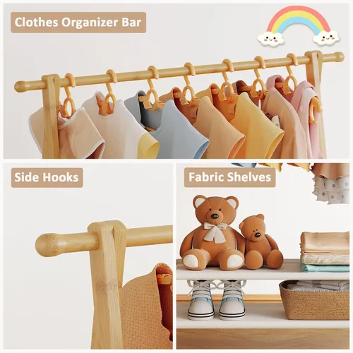 Miniatura 6 de Perchero de ropa para niños con 2 estantes de tela, soporte plegable para ropa infantil con barra para colgar, organizador de disfraces pequeño