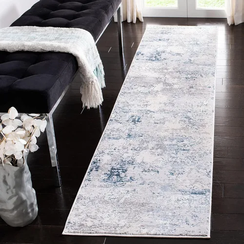 SAFAVIEH Amalfi Collection AMF572C - Alfombra de pasillo de 2 x 8 pies, color crema y azul marino, moderno diseño abstracto envejecido, no desprende