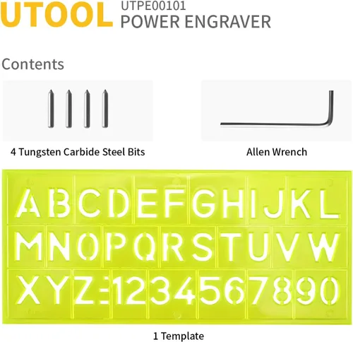 Miniatura 2 de UTOOL Bolígrafo grabador con plantilla de letra/número, herramienta de grabado de mano de 24 W para grabado de vidrio de metal y madera con 4 brocas