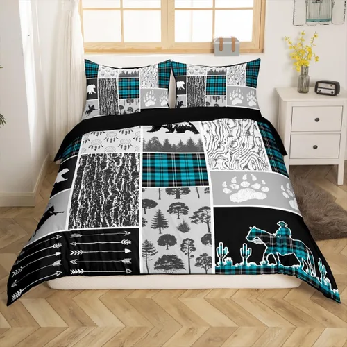 Miniatura 13 de Funda de edredón rústica tamaño Queen, juego de ropa de cama retro para cabaña de cabaña, oso de caza, ciervo, hojas de arce, funda de edredón