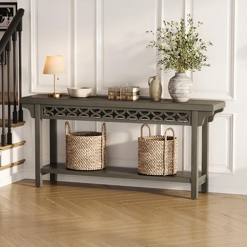 Miniatura 5 de LITTLE TREE Consola de 70.87 pulgadas de largo, mesa de entrada estrecha de madera maciza con estante, mesa de sofá rústica para sala de estar, Negro